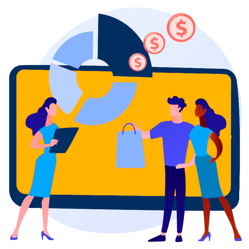 Ilustración de clientes comprando en un comercio con gráficas y pagos