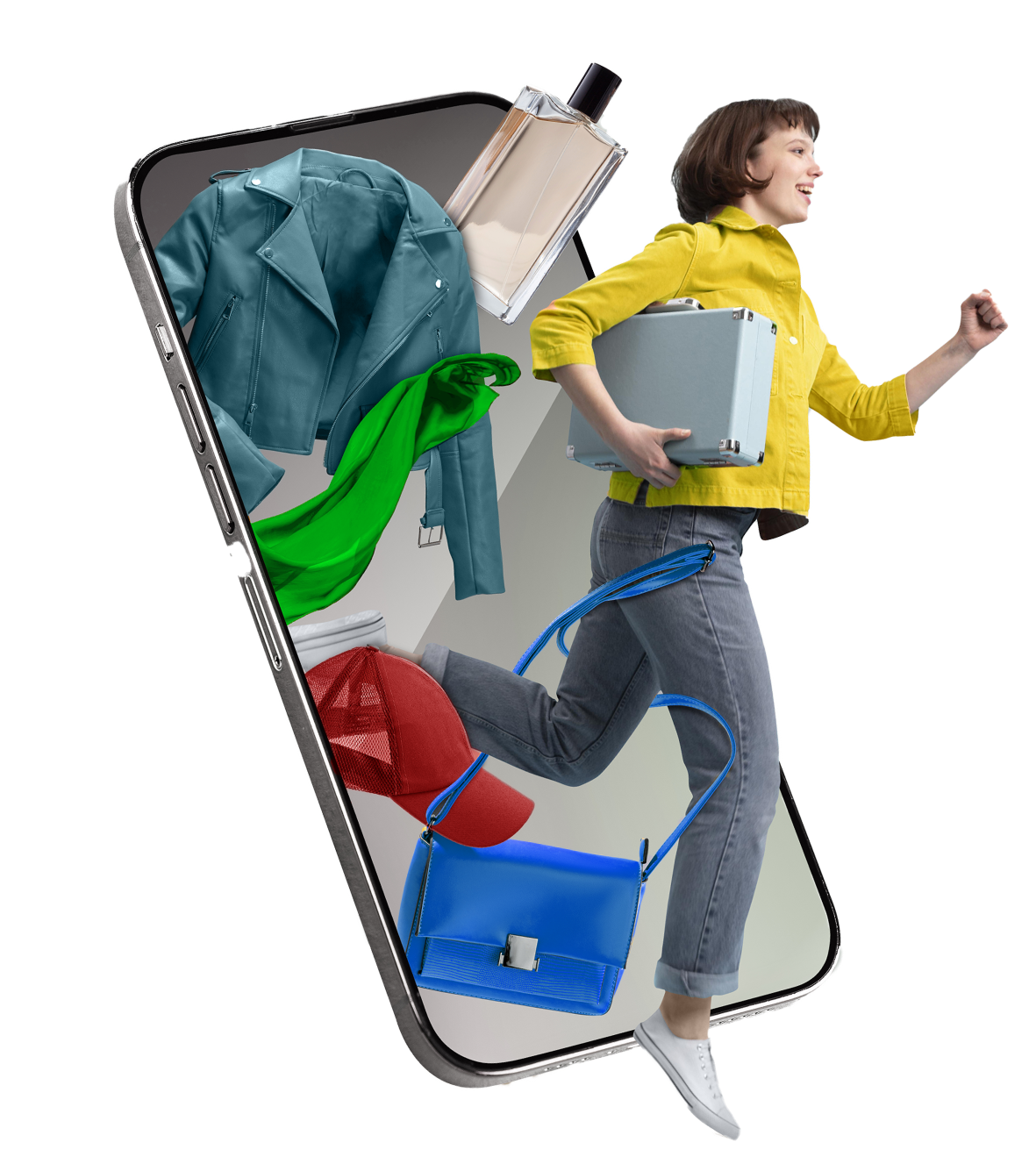 Mujer con compras sale de un celular rodeada de ropa y accesorios