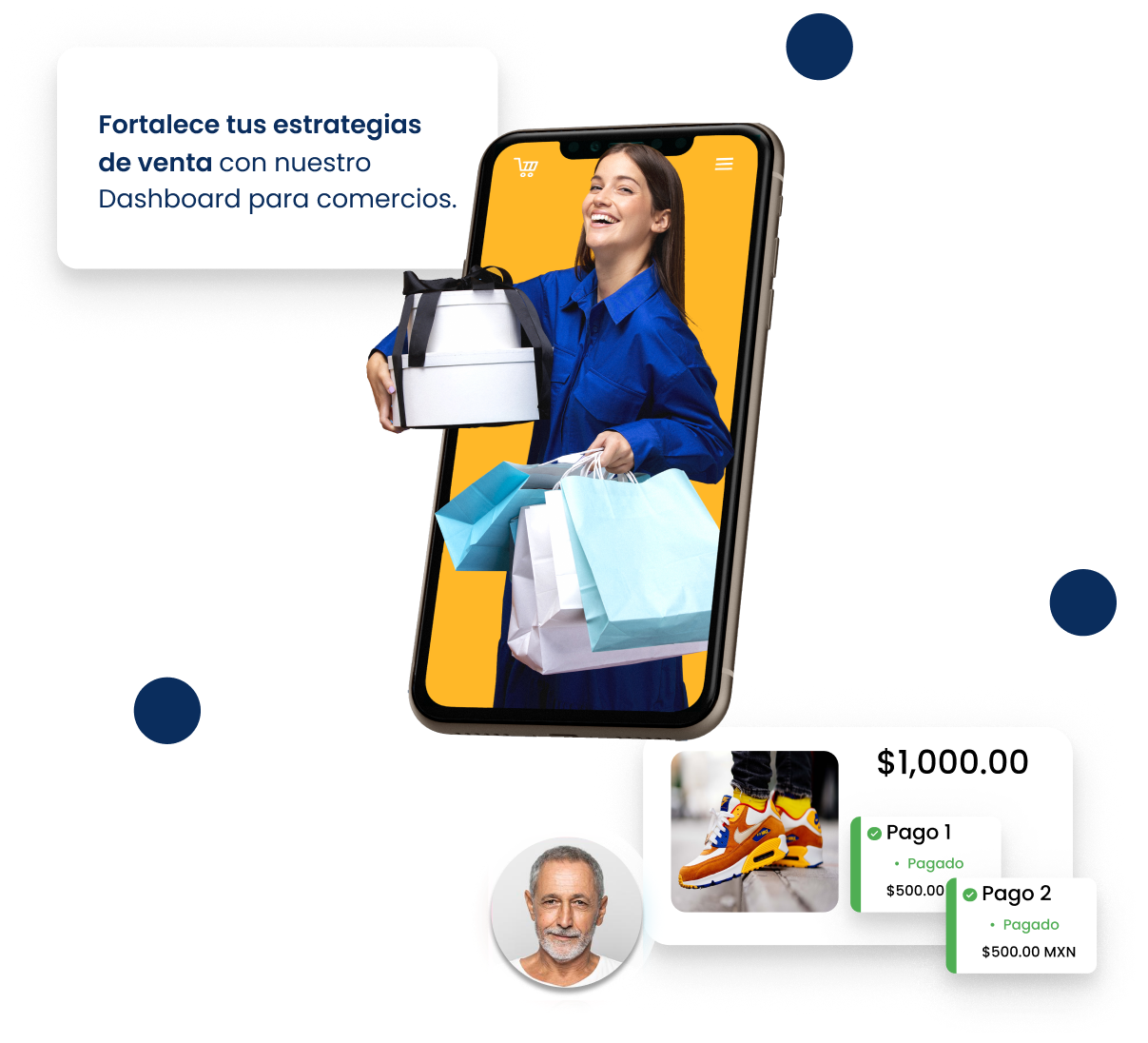 Clienta comprando a plazos en el celular con el dashboard para comercios