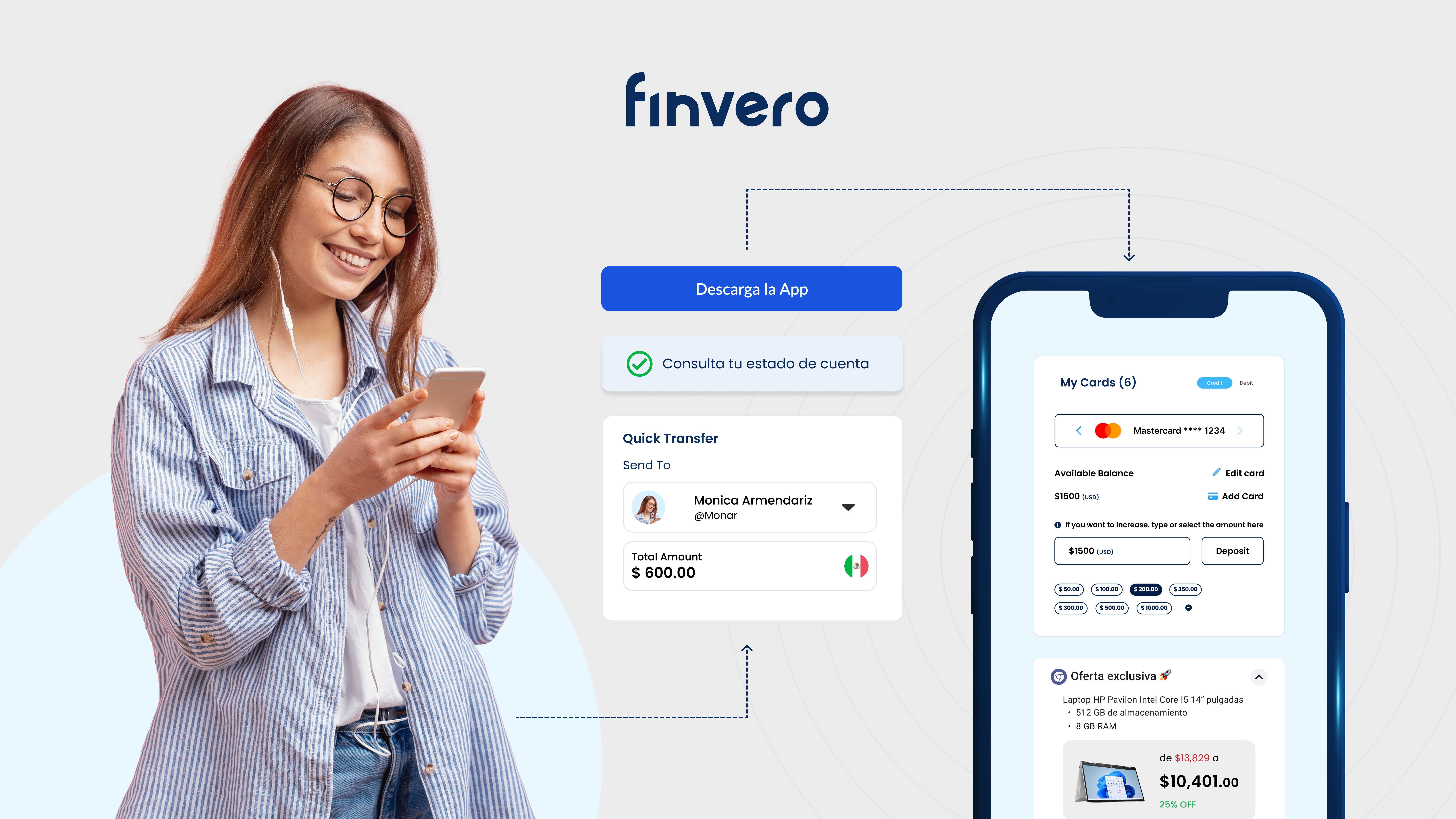 Mujer con celular y pantallas de la app de crédito finvero