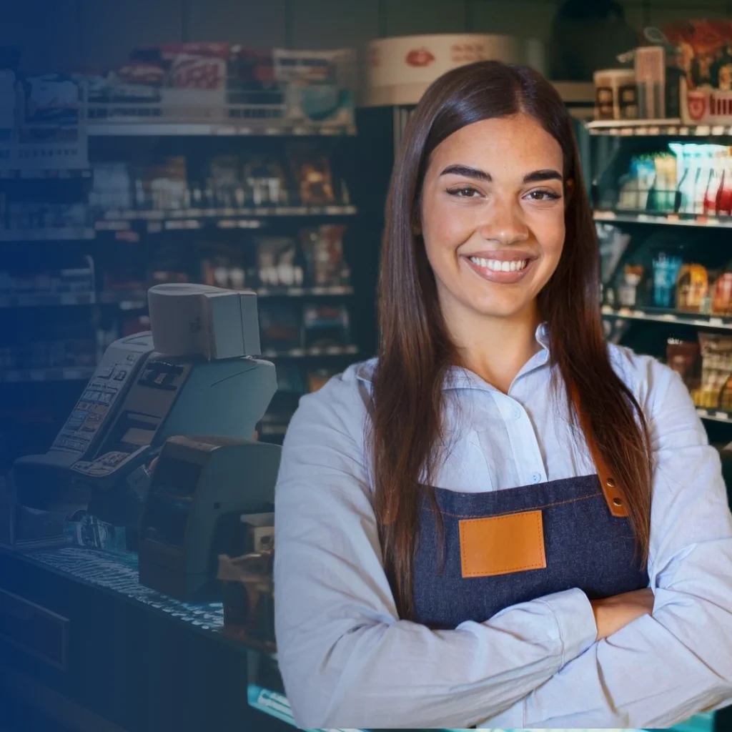 Microempresaria sonriente con mandil en su tienda de abarrotes